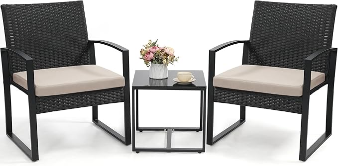 3 Piece Wicker Patio Bistro Set, Rattan Conversation Set with Coffee Table, for Balcony, Porch, Garden, Yard, Poolside, Black Frame with Beige Cushion