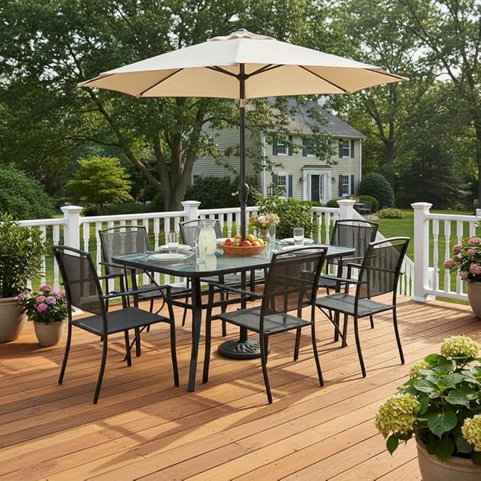 Tangkula 55" Patio Dining Table for 6, Rectangle Outdoor Dining Table with Tempered Glass Tabletop, Umbrella Hole & Metal Frame, 6-Person Outside Dining Table for Backyard, Lawn, Deck & Poolside