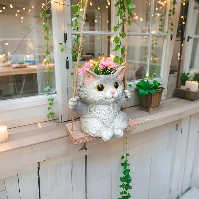 Cat Hanging Planters for Indoor Outdoor Plants, Small Cute Hanging Pots for Succulent, String of Pearls Plant, Resin Hanging Flower Pots with Drainage Hole, Unique Gift, Garden Home Decor