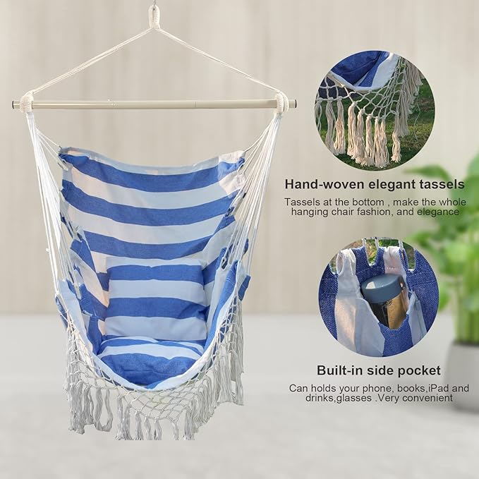 Hammock Chair, Hanging Rope Swing Seat with 2 Cushions,Macrame Hanging Chair Side Pocket with High Load-Bearing Metal Rod,for Indoor, Outdoor, Extra Comfortable