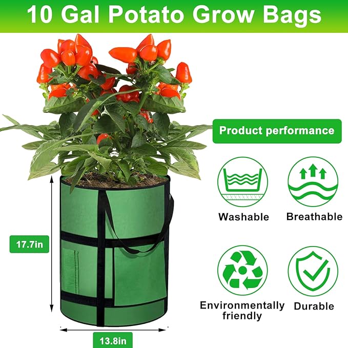 10 Gallon Potato Grow Bags with Viewing Window, 300G Nonwoven Garden Planting Pots, Heavy-Duty Surround Handles for Gardening Supplies (6Pack Grow Bags)