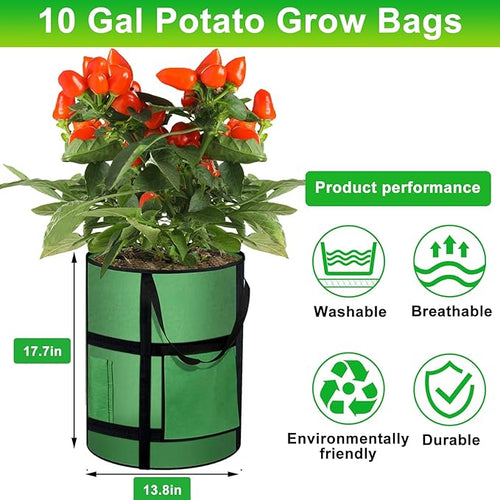 10 Gallon Potato Grow Bags with Viewing Window, 300G Nonwoven Garden Planting Pots, Heavy-Duty Surround Handles for Gardening Supplies (6Pack Grow Bags)