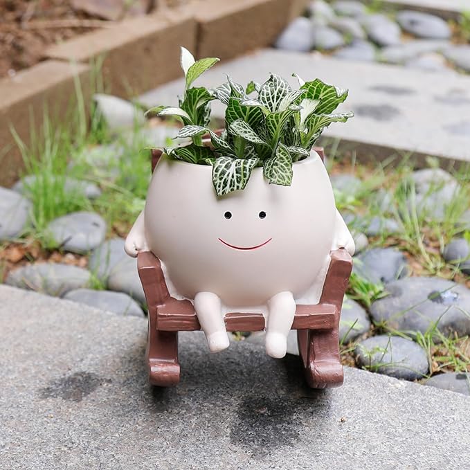 Smiley Face Rocking Chair Planters Flower Pots for Plants Funny Succulents Plant Live Cute Resin Head Planter for Indoor Outdoor Plants Gift Ideas for Mother and Christmas (Small)
