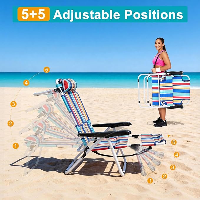 ABORON Tanning Chair with Face Hole, 5-Position Adjustable Reclining Beach Lounge Chair, Folding Face Down Sun Lounger for Beach, Poolside, Patio, Lawn, Home(Multicolor Stripes)