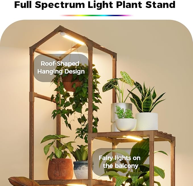 Bamworld Tall Corner Plant Stands with Grow Lights Indoor Outdoor Plant Shelves for Multiple Plants Display Haning Planter Living Room Pation Garden Decor
