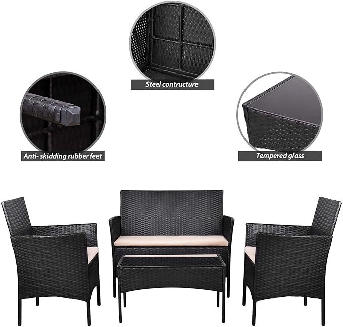 Homall 4 Pieces Outdoor Patio Furniture Sets Rattan Chair Wicker Set,Outdoor Indoor Use Backyard Porch Garden Poolside Balcony Furniture (Black and Beige)