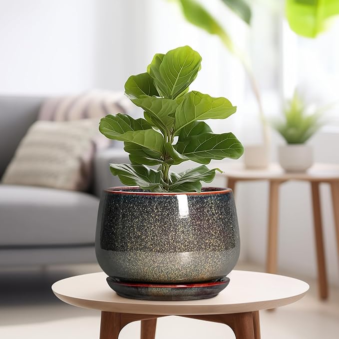 G EPGardening Ceramic Planters - 9 Inch Ceramic Pots for Plants Indoor Outdoor, Round Planter with Drainage and Saucer, Modern Indoor Flower Pots, House Room Decor, Gift for Women Men, Speckled Brown