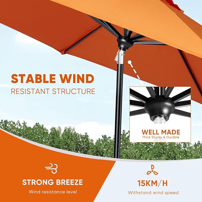 Tempera Patio Market Outdoor Table Umbrella with Auto Tilt and Crank, Large Sun Umbrella with Sturdy Pole & Fade Resistant Canopy, Easy to Set