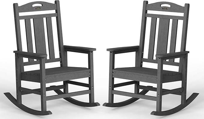 Ciokea Oversized Outdoor Rocking Chairs Set of 2, 380lbs Heavy-Duty Large Patio Rocker, High Back Cozy Porch Chairs, Weather Resistant Patio Rocking Chairs for Outside, Fire Pit, Deck, Dark Grey