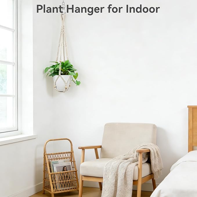 USLAI Macrame Plant Hanger Indoor Outdoor, Fits 4 to 15 Inch Pots, Strong Hanging Planter Holder, Boho Home Decor, 35 Inch, Ivory (POTS NOT Included)