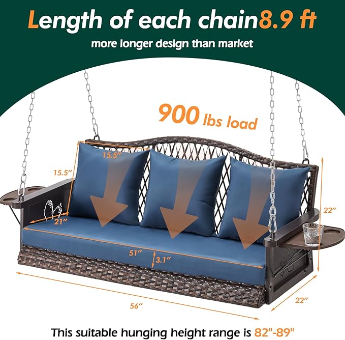 Upgraded Wicker Hanging Porch Swing Heavy Duty 900 LBS 3-Seat Outdoor Patio Swing Chair Bench for Adult w/ 8.9ft Hanging Chains Cushions and Cup Holder
