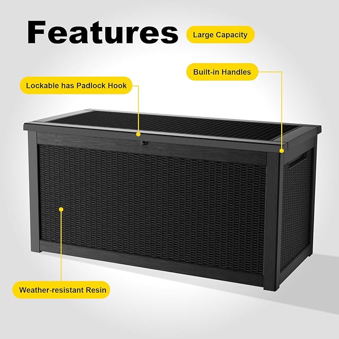 320 Gallon Outdoor Deck Box, Lockable Waterproof Outdoor Storage Boxes For Garden Tools,Indoor Cushions,Accessories Outside Storage Resin Weatherproof Container(Black)