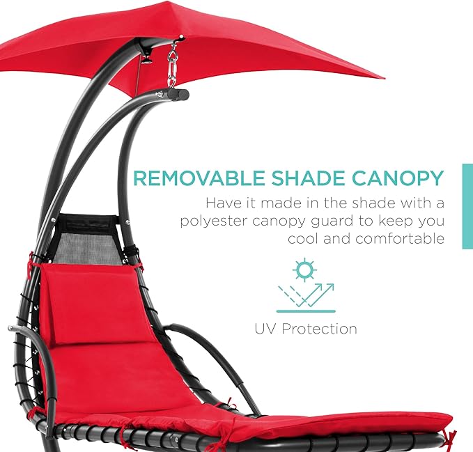 Best Choice Products Outdoor Hanging Curved Steel Chaise Lounge Chair Swing w/Built-in Pillow and Removable Canopy - Red