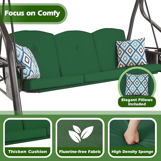 3-Seat Outdoor Porch Swing with Stand Patio Swing with Canopy 2 in 1 Porch Swing Bed & Patio Swing Chair for Adult w/Extra Pillows and Cup Holder for Yard(Green)