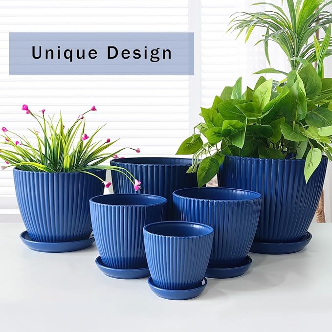 7.5/6.5/5.5/4.9/4.2/3.5 Inch Plant Pots with Saucers & Drain Holes - Indoor/Outdoor Flower Pots for Succulents, Herbs, Cactus - Modern Lightweight Durable Planter Set, Blue