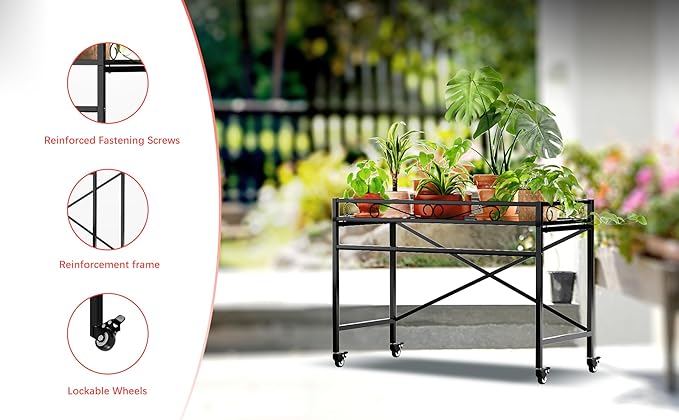 Zhongma Sturdy Metal Plant Stand with Wheels, 36.6 x 16 x 26.2 in High, Heavy Duty Succulent Shelf for Home Indoor and Outdoor, 220 LBS Capacity & Heavy Duty Construction