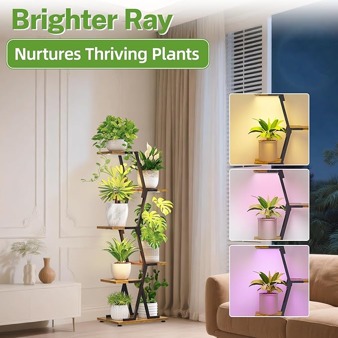 iDavosic.ly 5 Tier Indoor Plant Stand with Grow Light, Corner Tall Metal & Wood Flower Shelf, Orchid Display Rack for Living Room Balcony, Space Saving & Multifunctional Display, Black & Brown