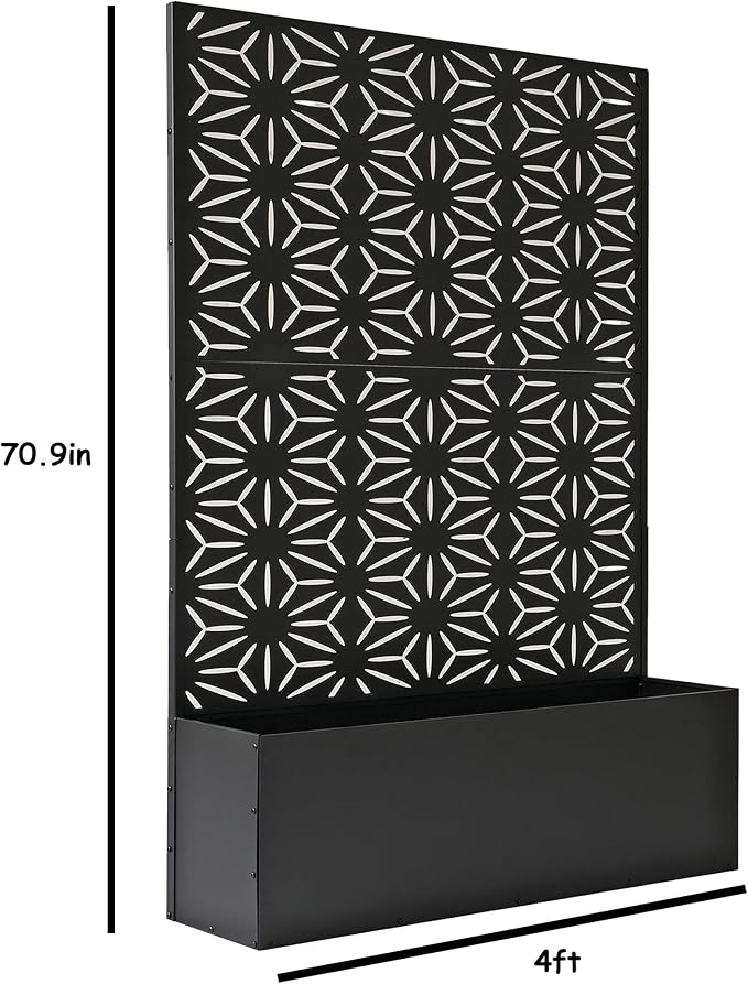 Oakland Living 6 ft. X 4 ft. Black Freestanding Metal Privacy Screen Room Divider with Flower Box