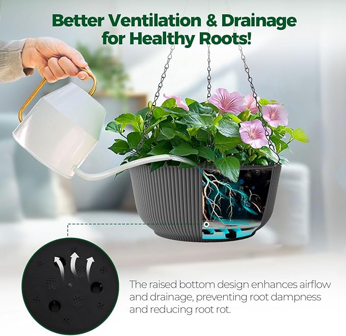 T4U 8 Inch Hanging Planters for Indoor Outdoor Plants, Self Watering Hanging Pot Pack of 2, Hanging Pots with Drainage Hole & Plug & Chain with 3 Hooks for Garden Home Decor, Grey