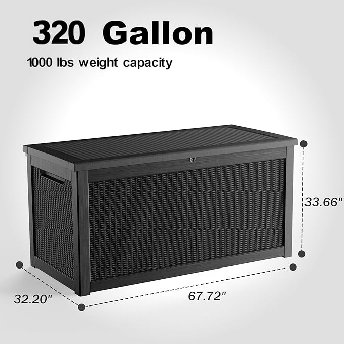 320 Gallon Resin Deck Box, Lockable Weatherproof Outdoor Storage Box for Furniture, Garden Tools and Tools Storage, Waterproof Outside Storage Boxes - Black