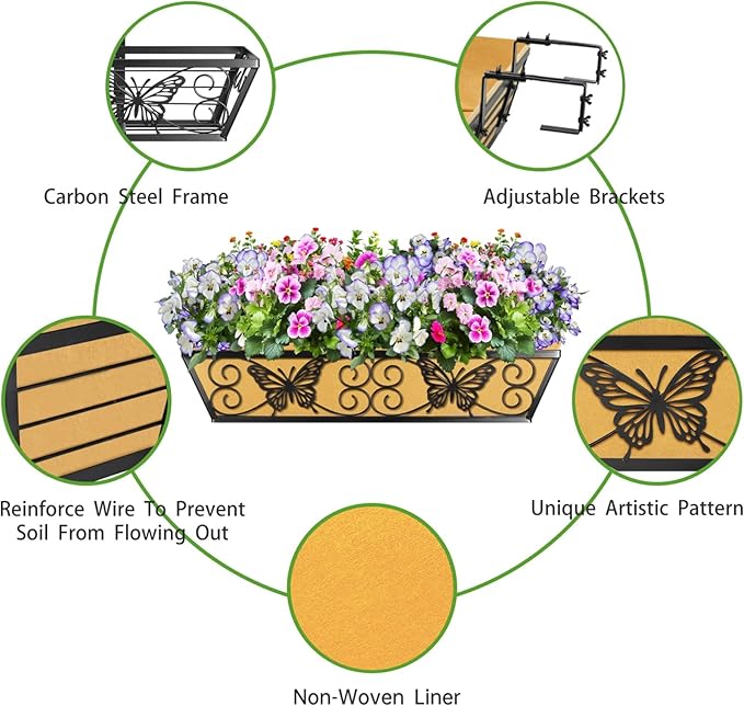 6 Pack 24 Inch Window Boxes Planters Railing Planter Box with Adjustable Brackets for Porch Fence Patio Balcony Hanging Flower Baskets with Woven Fabric for Outdoor Garden Decor - Black