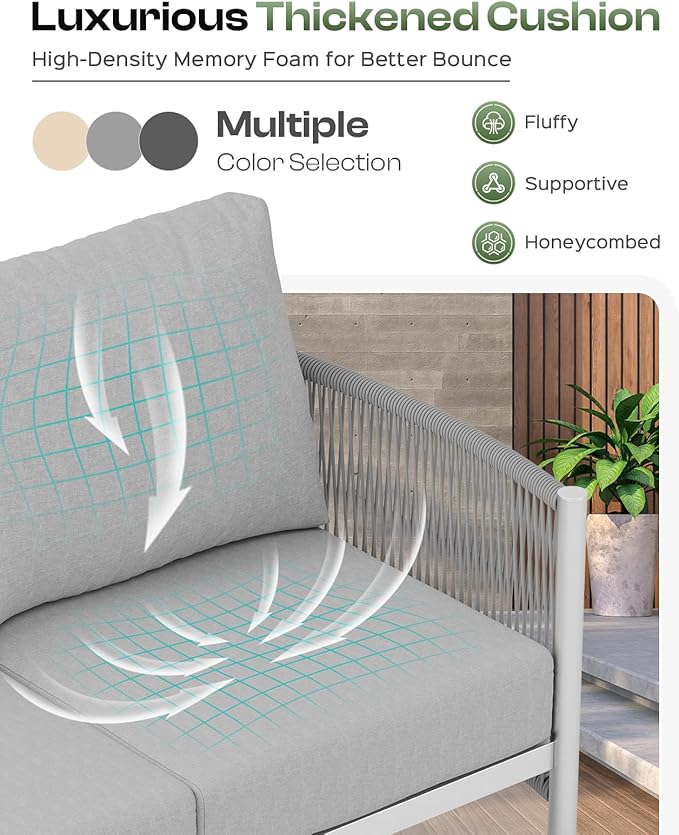 Aluminum Outdoor Patio Couch, 3 Seats HDPE Rope Patio Sofa with Washable Thick Cushion, All-Weather Patio Furniture for Balcony, Yard, Silver Frame, Silver