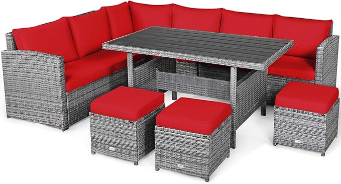 Tangkula 7 Pieces Patio Furniture Set, Outdoor Sectional Rattan Sofa Set with Cushions, All Weather Wicker Conversation Couch Set w/Dining Table & Ottomans for Backyard Garden Poolside