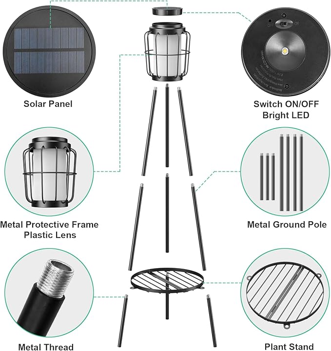 2 Pack Solar Lights with Plant Stand, Outdoor Floor Lamps, Waterproof Solar Powered Floor Lamps for Patio Deck Porch Yard Garden Decor