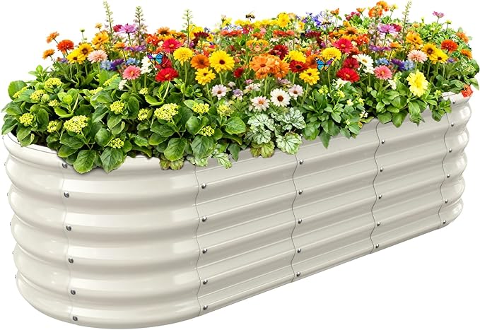 17" Tall Outdoor Garden Raised Garden Bed Kits, 5ft X 2ft Oval,0.8MM Thick Metal Raised Planter Bed/Ground Planter Box for Variety of Flowers,Herbs,Vegetables (Cream White, 60X24X16.5 Inches)