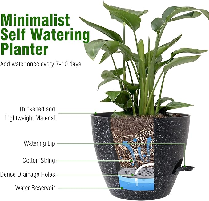 10 inch Self Watering Pots, Planter, Plant Pots with Mesh Drainage Holes for Indoor Outdoor House Plants and Garden, Pack of 2 Plastic Flower Pots with Deep Reservoir, Speckled Black
