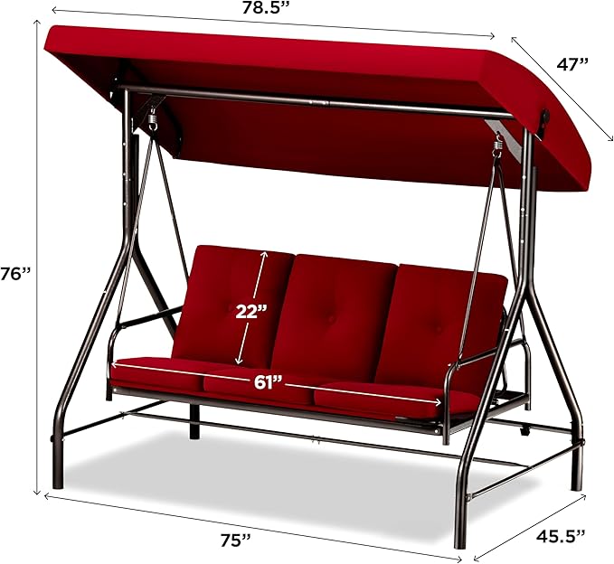 Porch Swing - 3-Seat Patio Outdoor Swing with Canopy for Adultes, Convertible Glider Bed, Thick Removable Cushions & Pillows for Backyard, Porch, Garden - Burgundy
