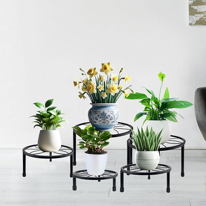 5 Packs Metal Plant Stand Indoor, Outdoor Black Plant Stand for Multiple Plant, Rustproof Iron Round Heavy Duty Flower Pot Stand, Plant Shelf for Planter Garden Home