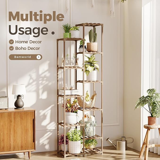 Bamworld Plant Stand Indoor Outdoor 11 Tier Tall Large Wood Plant Shelf Multi Tier Flower Stands Garden Shelves Wooden Plant Display Holder Rack for Living Room Corner
