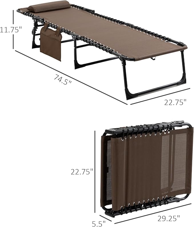 Outsunny Chaise Lounge Chair Outdoor, 5-Position Adjustable Sun Tanning Chair with Carrying Handle and Side Pocket, Folding Bed Cot with Removable Pillow for Garden, Beach, Patio, Pool, Camp, Brown
