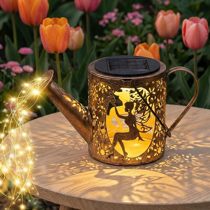 Solar Watering Can Lights with Fairy & Flowers, Outdoor Garden Decor with Cascading String Lights, Waterproof Solar Powered Hanging Lantern for Patio Yard Pathway, Gift for Mom Cat Lovers Gardeners