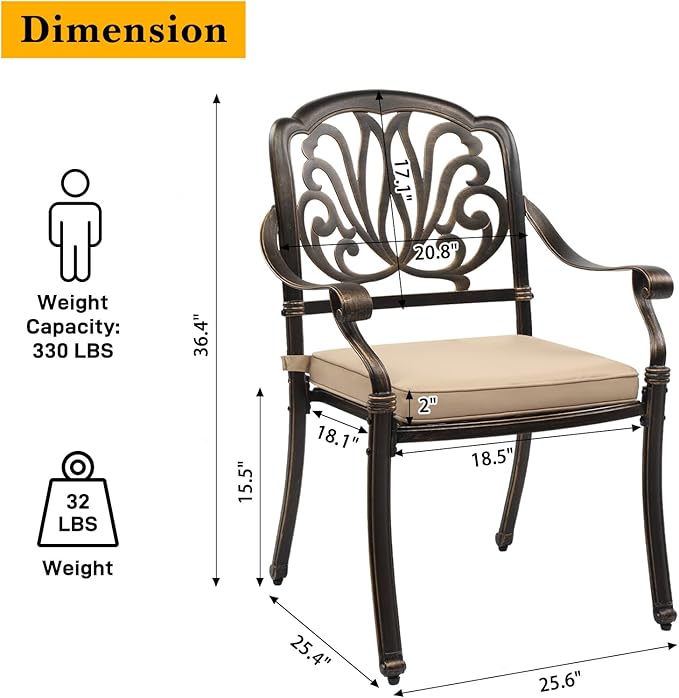 VINGLI 5-Piece Outdoor Patio Dining Set, Cast Aluminum All-Weather Outdoor Table and Chairs w/Cushion, Outdoor Furniture Set w/Umbrella Hole for Backyard Deck Poolside (Square, Elizabeth Back)