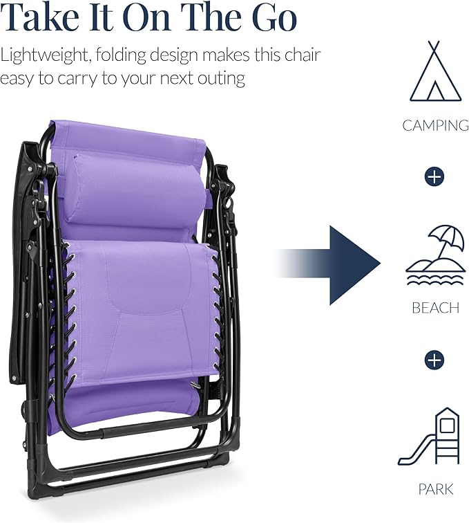 Best Choice Products Oversized Padded Zero Gravity Chair, Folding Outdoor Patio Recliner, XL Anti Gravity Lounger for Backyard w/Headrest, Cup Holder, Side Tray, Polyester Mesh - Violet