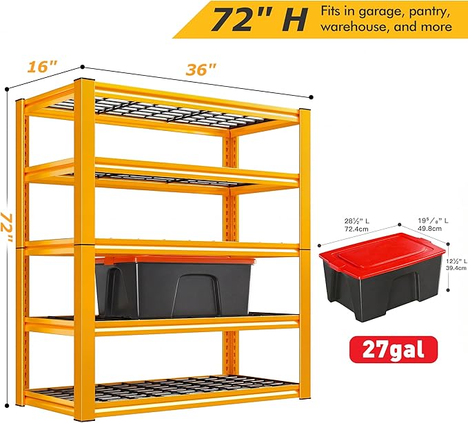 REIBII Garage Shelving Load 3200LBS, 5-Tier Storage Shelves, Adjustable Heavy Duty Metal Shelving Unit for Pantry, Basement, Warehouse, 72" H x 36" W x 16" D
