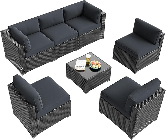 Aoxun Patio Furniture Set, 7 Piece Outdoor Sectional Sofas with Waterproof Cover, Wicker Rattan Outdoor Furniture Patio Conversation Set for Backyard, Garden Dark Grey