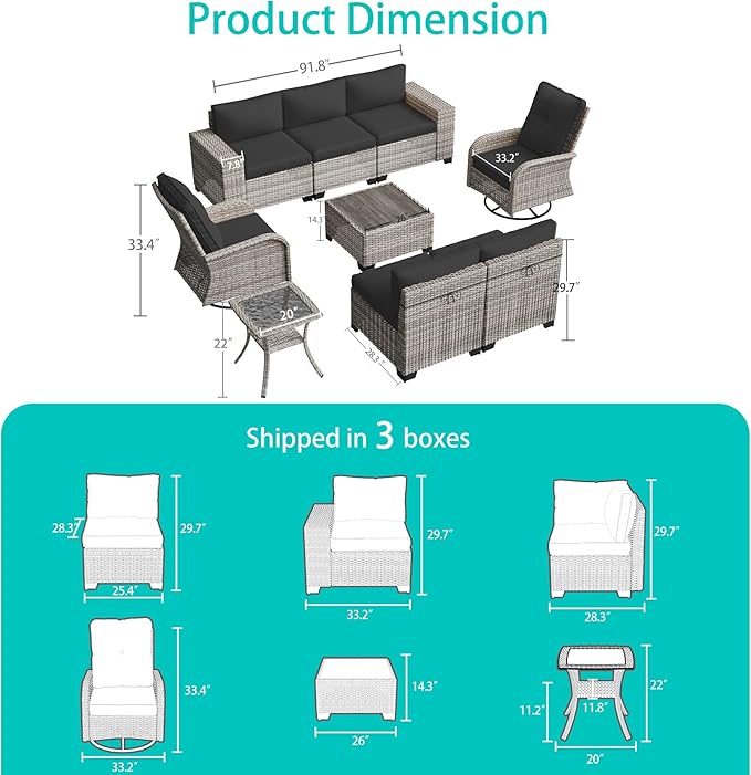 9-Piece Outdoor Patio Furniture Set with Rocking Swivel Chair Wicker Sectional Sofa Set, Patio Conversation Set with Thickened Cushions & Coffee Table for Garden, Backyard, Dark Grey
