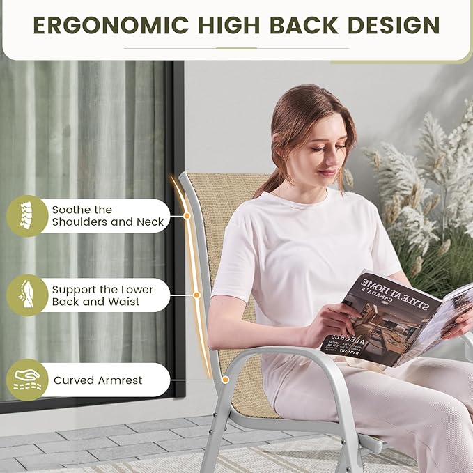 UDPATIO Patio Chairs Set of 4, Stackable Silver Outdoor Dining Chairs with High Back, Breathable Outdoor Chair Textilene Fabric All Weather, 350LBS Capacity for Garden, Backyard (Beige)