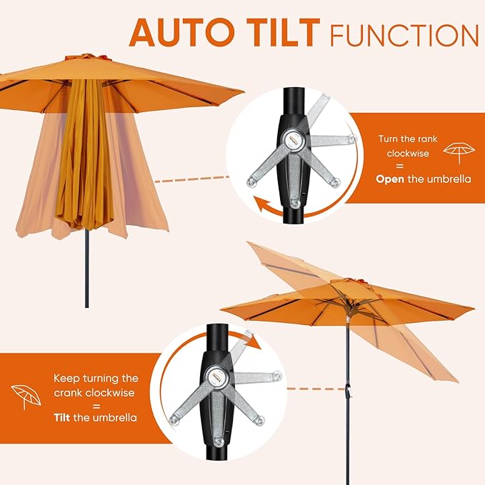 Tempera Patio Market Outdoor Table Umbrella with Auto Tilt and Crank, Large Sun Umbrella with Sturdy Pole & Fade Resistant Canopy, Easy to Set