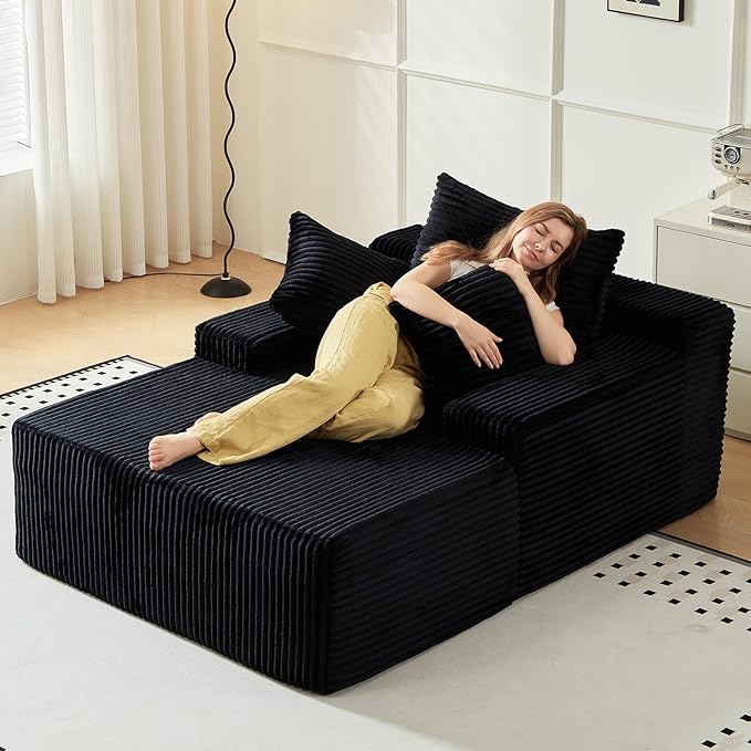 67 Inch Chaise Lounge Chair Indoor, Oversized Upholstered Boneless Sofa Bed, Corduroy Deep Seat Sleeper Couch Reading Chairs, Comfy Cloud Sofas Couches for Living Room, No Assembly Required (Black)