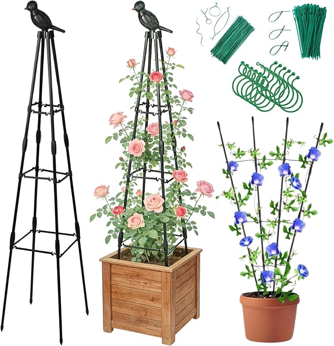 Garden Trellis for Climbing Plants Outdoor - Rustproof Plastic Coated Steel Core Tower Obelisk Trellis - Metal Teepee Trellis Vertical Plant Support for Vines Vegetables Flowers Indoor