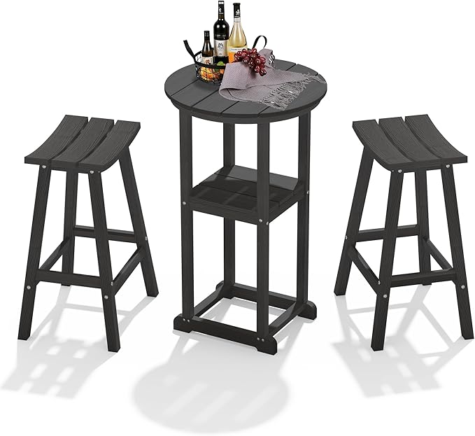 Ciokea 3 Pcs Compact Outdoor Bar Set, Space-Saving Round Bistro Set with 2 Backless Saddle Stools & Storage Shelf, All-Weather HDPE High-Top Table Set for Small Balcony, Patio and Poolside, Black