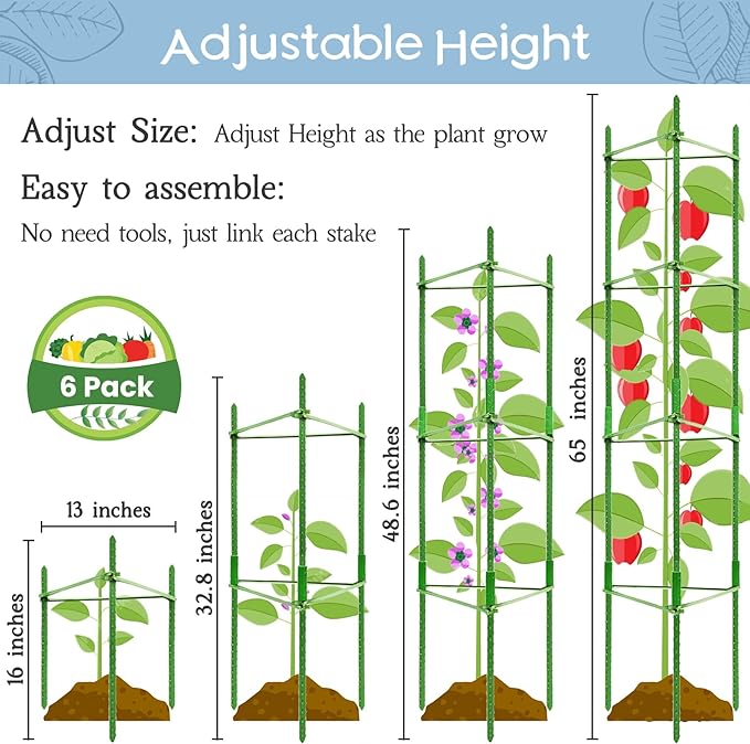 Legigo 6-Pack Tomato Cage for Garden Plant Support- Up to 63inch Garden Stakes Tomato Cage, Tomato Trellis for Potted Plants, Tomato Cages Plant Stakes for Climbing Vegetables Plants Flowers