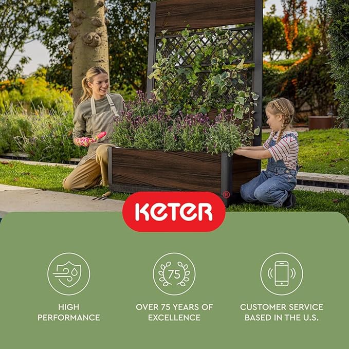 Keter Outdoor Planter Box with Privacy Screen and Trellis – 26 Gallon Raised Garden Bed for Climbing Plants & Flowers – Wood-Look Resin, Weather-Resistant Divider for Patio, Balcony & Backyard