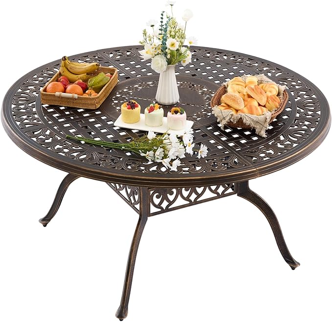 Outdoor Patio Dining Table - All-Weather Cast Aluminum 54.5" x 28.5“ Round Patio Table with 2" Umbrella Hole for Balcony Lawn Garden Backyard