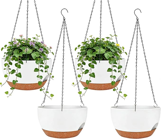 Set of 4-8 Inch Self Watering Hanging Planters for Indoor Outdoor，Hanging Plant Pots with Drainage & Removable Tray, Hanging Pots Holder for Ivy, Pothos, Ferns, Balcony & Patio, White Brown