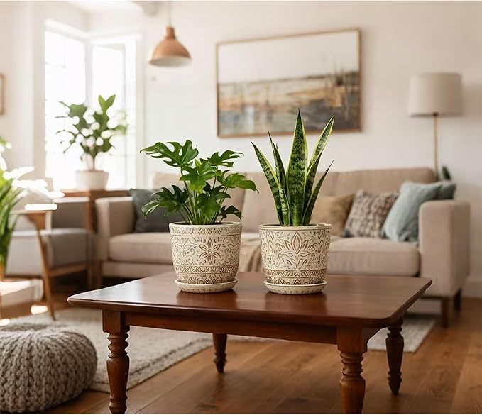 Gepege 6 Inch White Ceramic Planter, Plant Pot with Drainage Holes and Saucers for Indoor Plants, Birthday for Women Mom